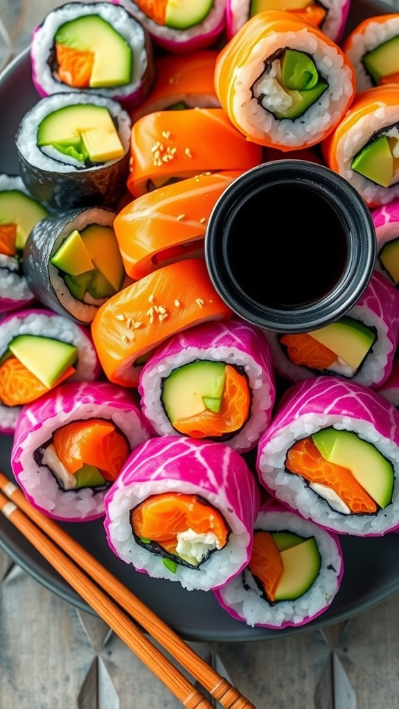 A platter of colorful sushi monster rolls with avocado, salmon, and cucumber, garnished with sesame seeds and served with soy sauce.